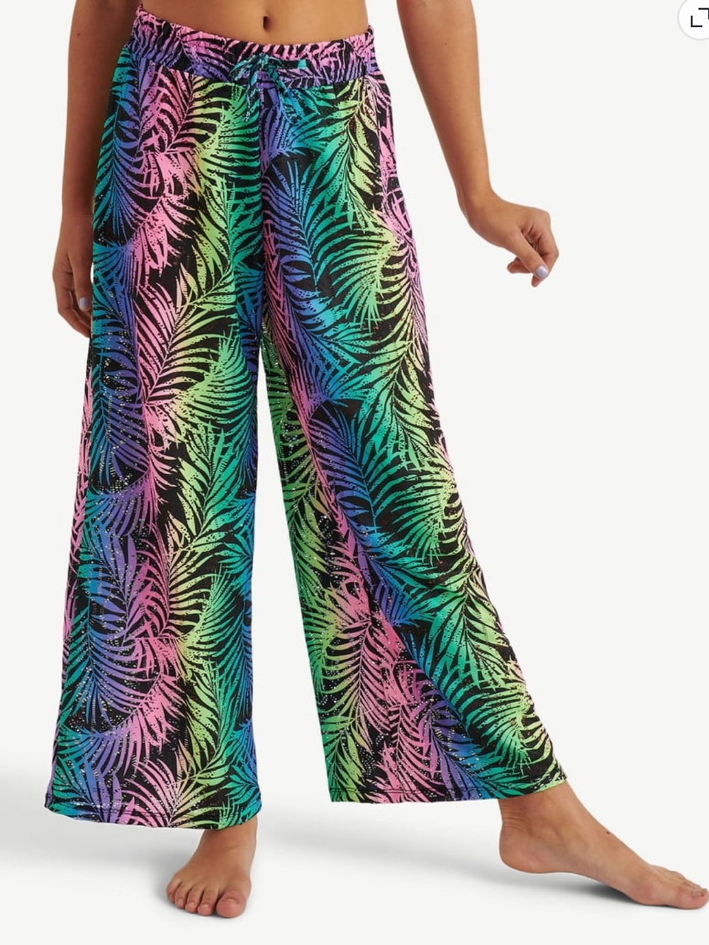 Justice Girls' Neon Crochet Palm-Print Wide Leg Swim Coverup Pants